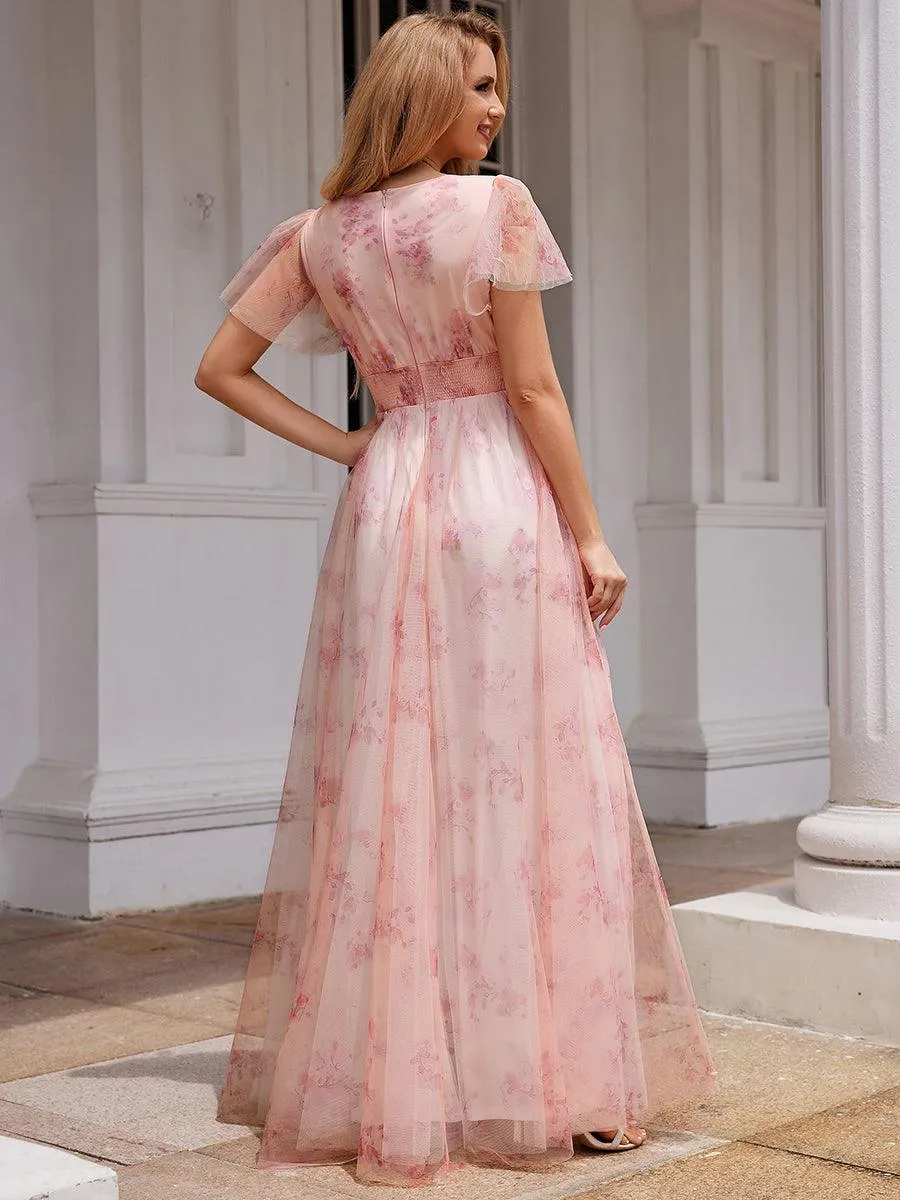 Robe de soirée trapèze en tulle floral col en V manches courtes