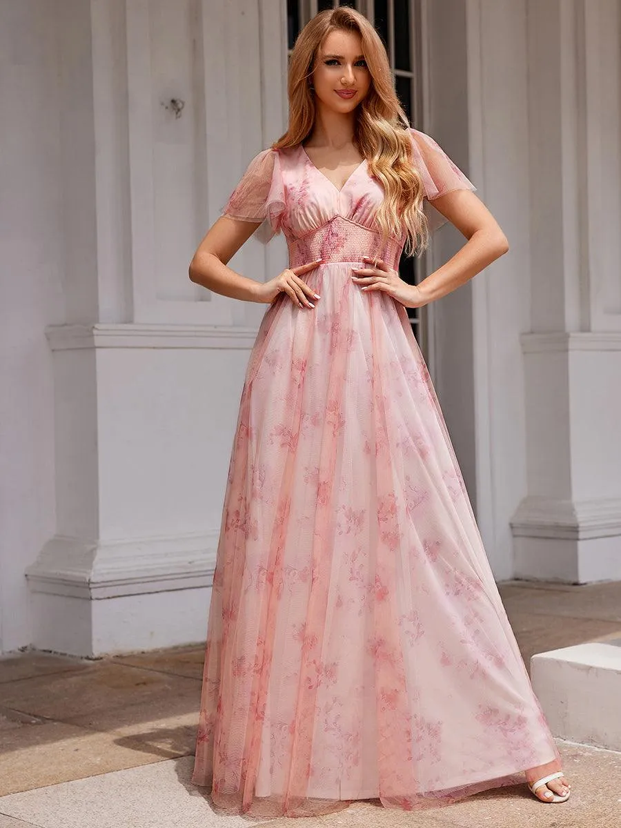 Robe de soirée trapèze en tulle floral col en V manches courtes
