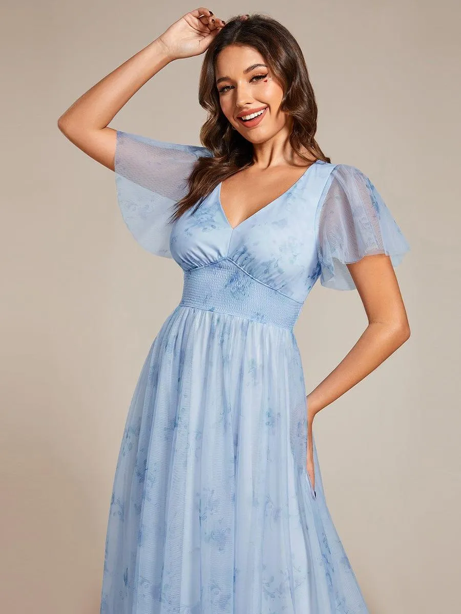Robe de soirée trapèze en tulle floral col en V manches courtes