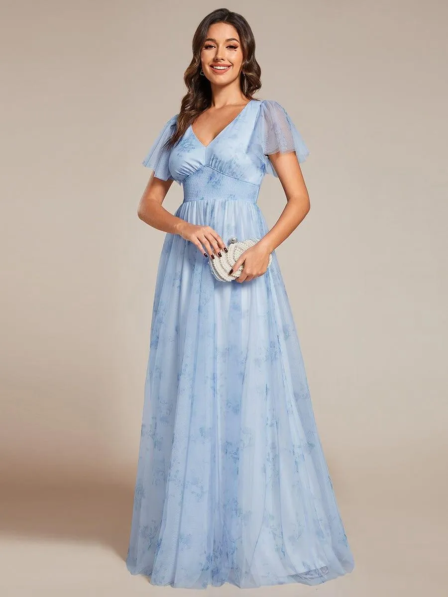 Robe de soirée trapèze en tulle floral col en V manches courtes