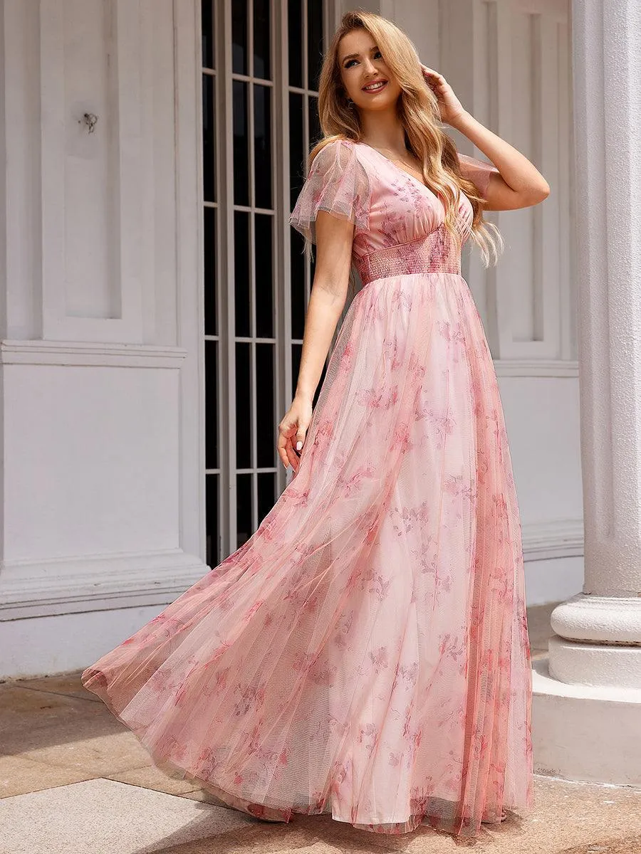Robe de soirée trapèze en tulle floral col en V manches courtes