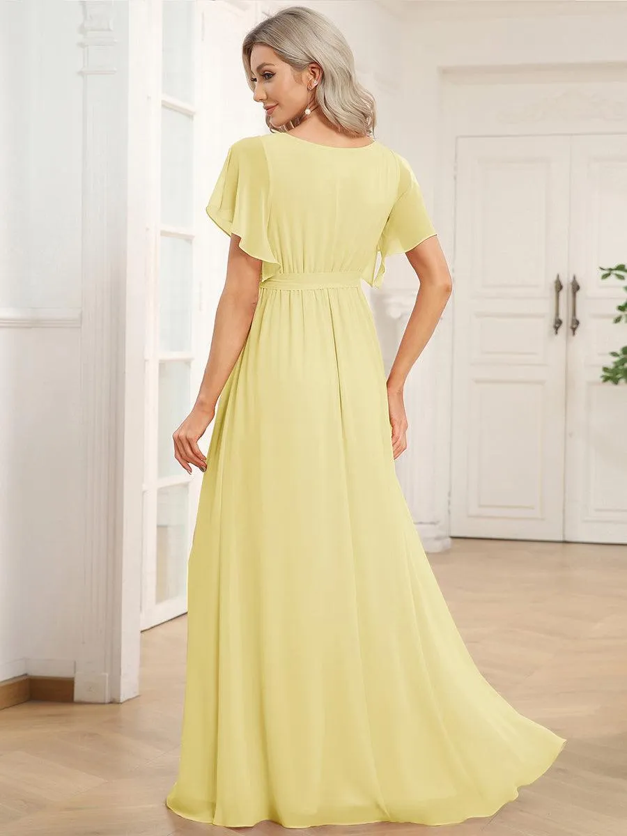 Robe demoiselle d'honneur en mousseline à encolure en V et à manches flottantes