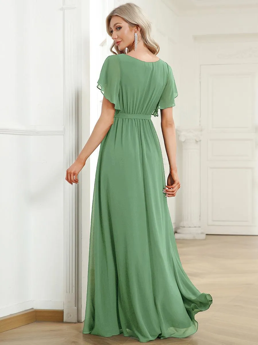 Robe demoiselle d'honneur en mousseline à encolure en V et à manches flottantes