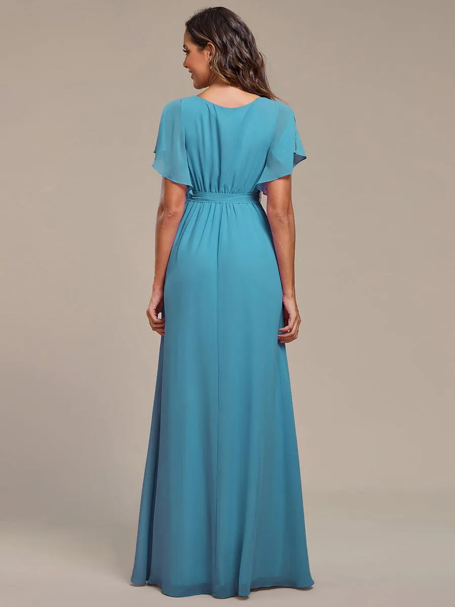 Robe demoiselle d'honneur en mousseline à encolure en V et à manches flottantes