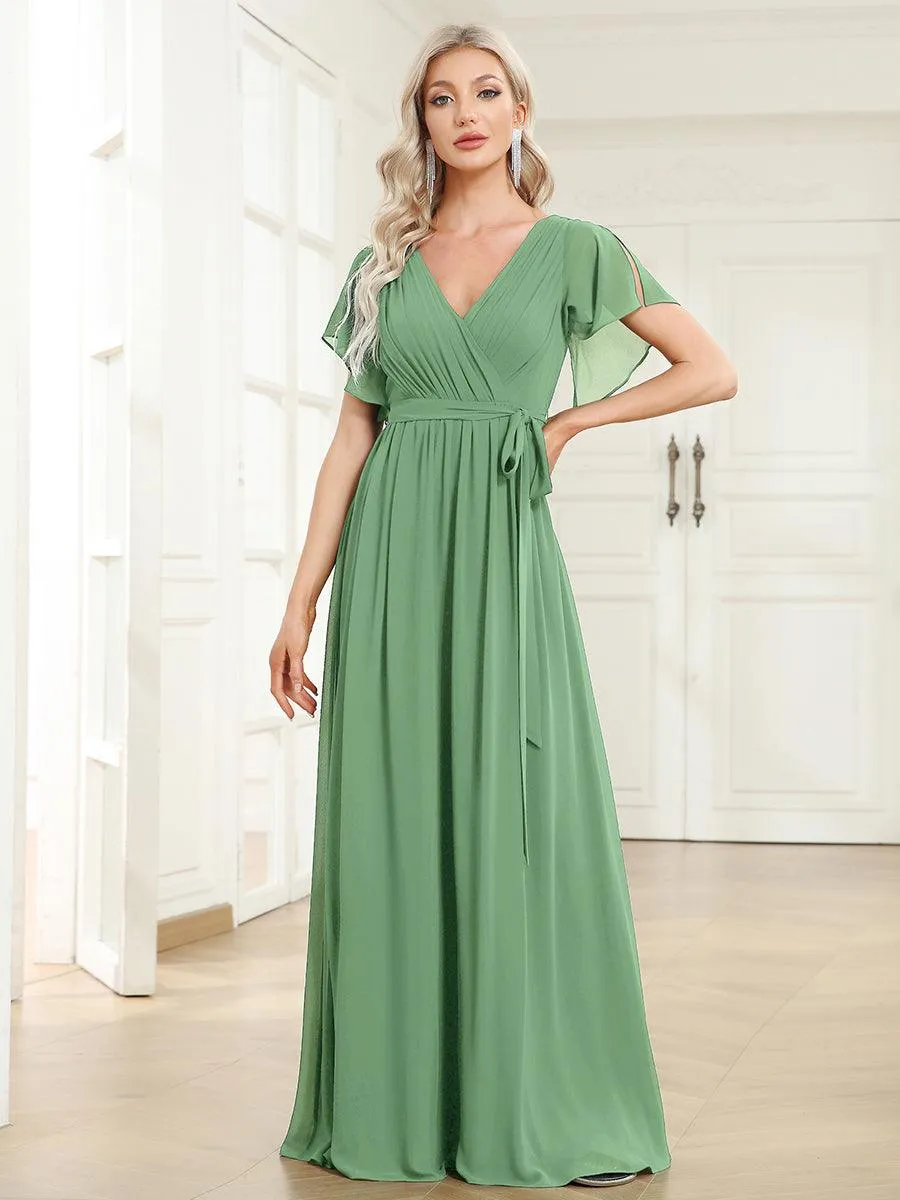 Robe demoiselle d'honneur en mousseline à encolure en V et à manches flottantes