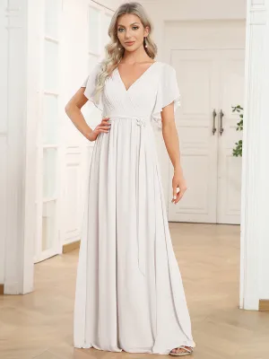 Robe demoiselle d'honneur en mousseline à encolure en V et à manches flottantes