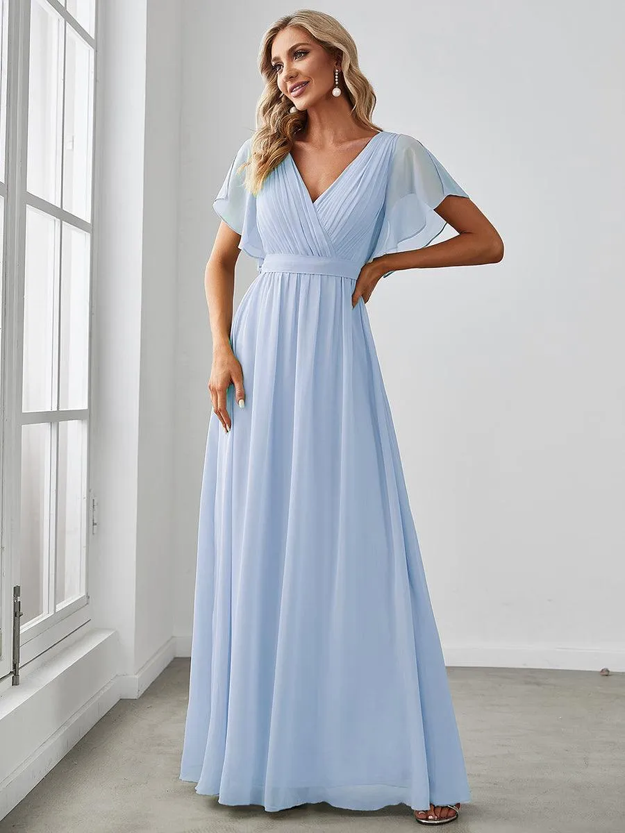 Robe demoiselle d'honneur en mousseline à encolure en V et à manches flottantes