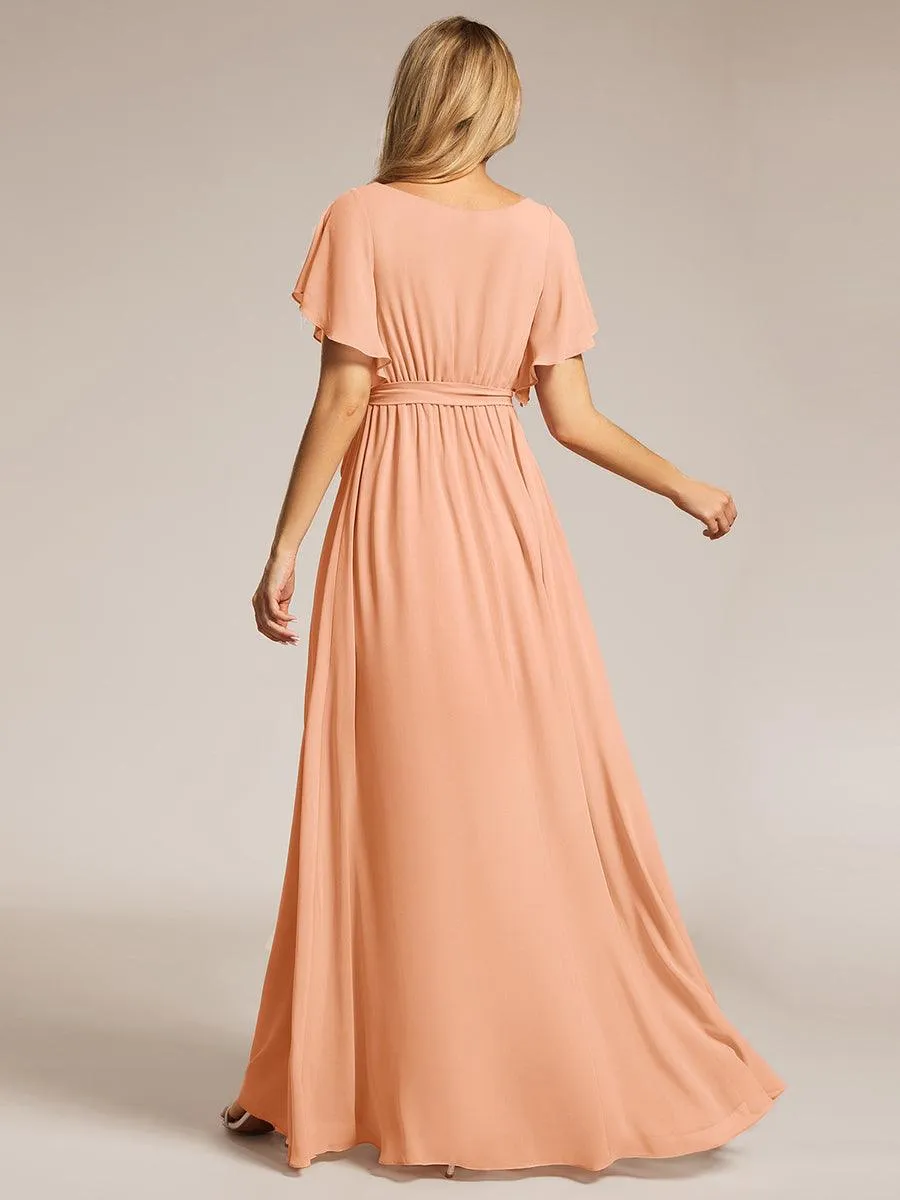 Robe demoiselle d'honneur en mousseline à encolure en V et à manches flottantes