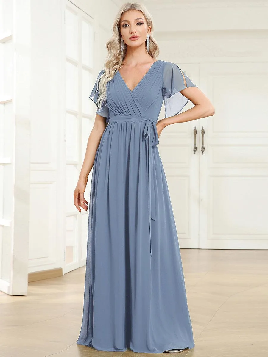Robe demoiselle d'honneur en mousseline à encolure en V et à manches flottantes