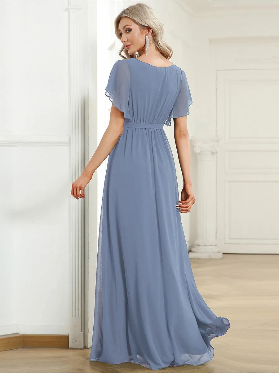 Robe demoiselle d'honneur en mousseline à encolure en V et à manches flottantes