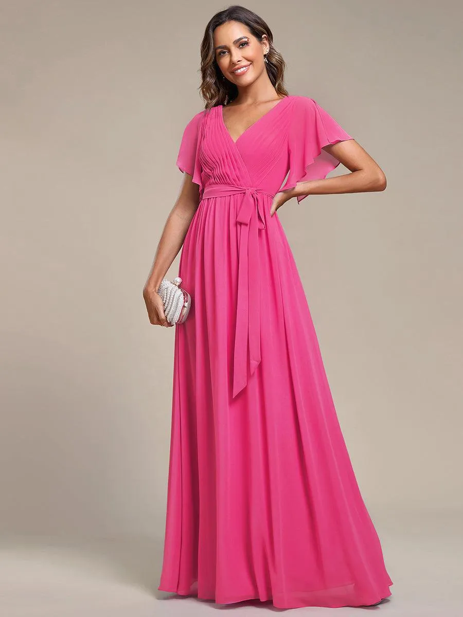 Robe demoiselle d'honneur en mousseline à encolure en V et à manches flottantes