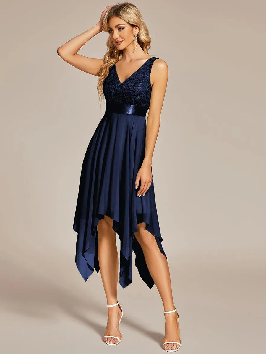 Robe demoiselle d'honneur irrégulière dentelle mousseline Col en V pour femme