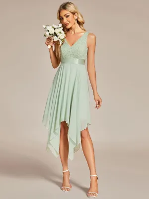 Robe demoiselle d'honneur irrégulière dentelle mousseline Col en V pour femme