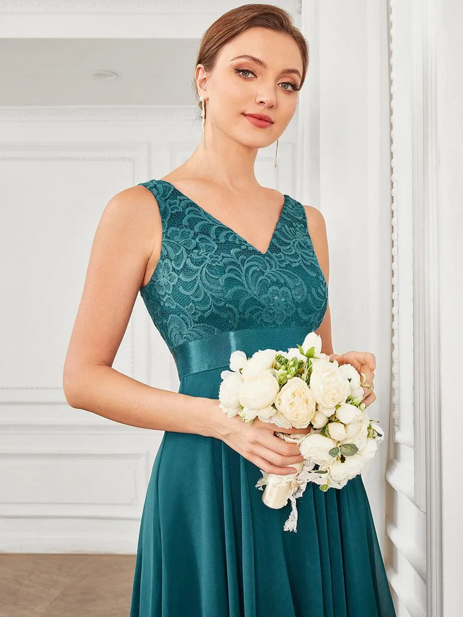Robe demoiselle d'honneur irrégulière dentelle mousseline Col en V pour femme