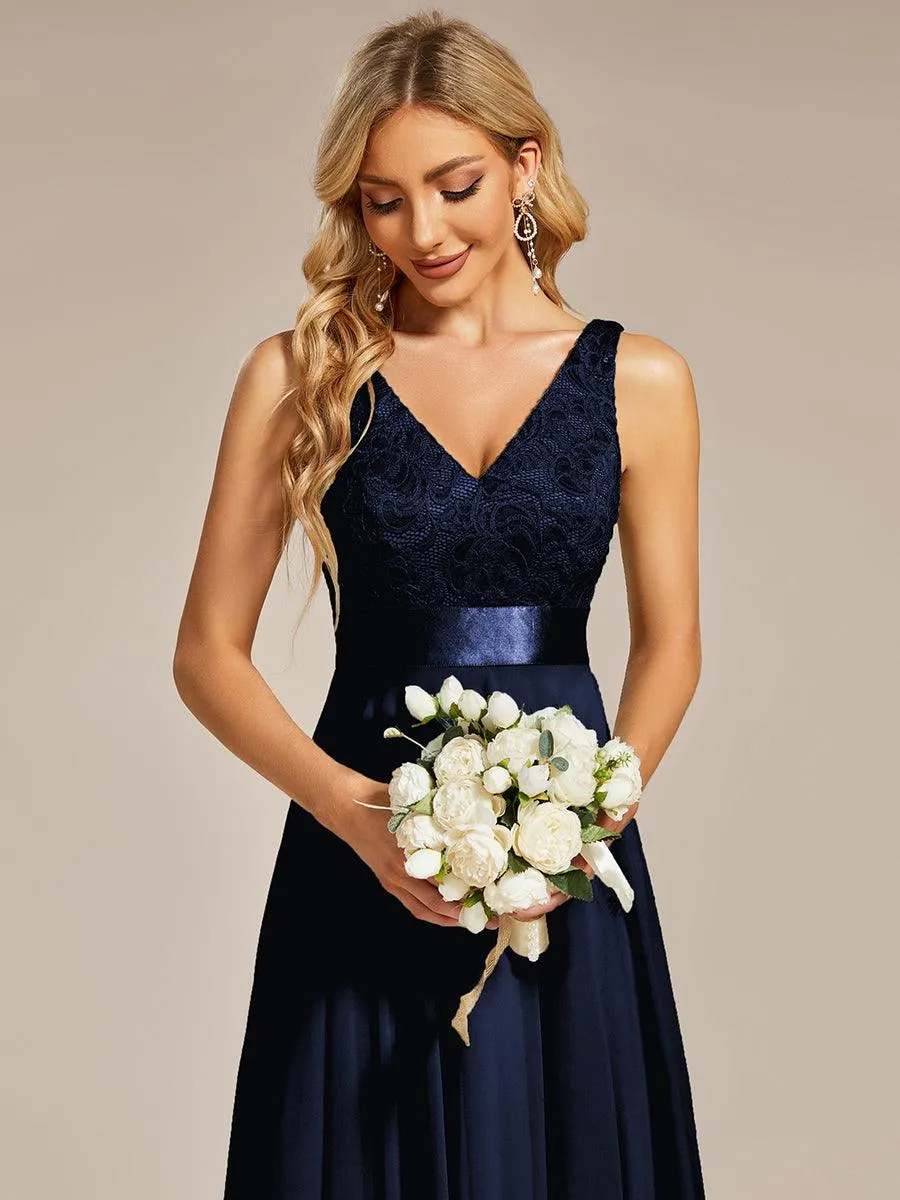 Robe demoiselle d'honneur irrégulière dentelle mousseline Col en V pour femme