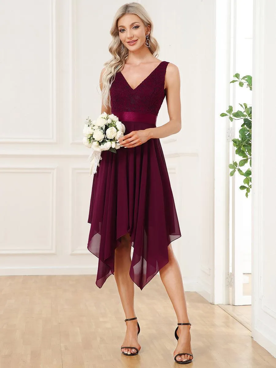 Robe demoiselle d'honneur irrégulière dentelle mousseline Col en V pour femme