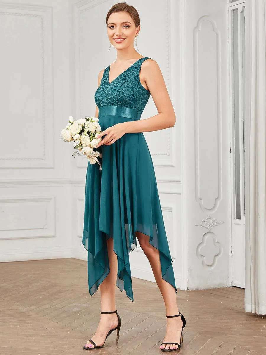 Robe demoiselle d'honneur irrégulière dentelle mousseline Col en V pour femme