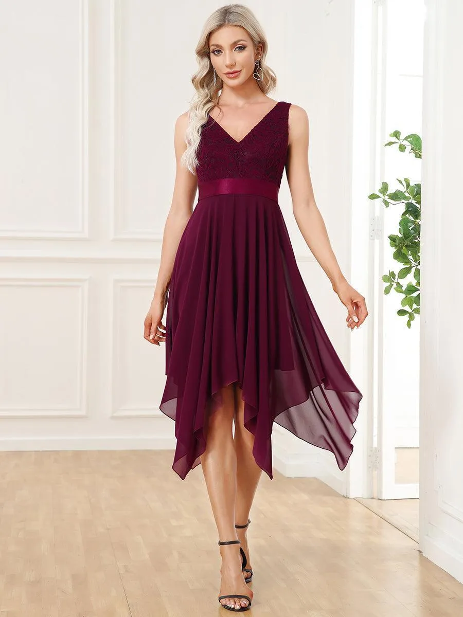 Robe demoiselle d'honneur irrégulière dentelle mousseline Col en V pour femme