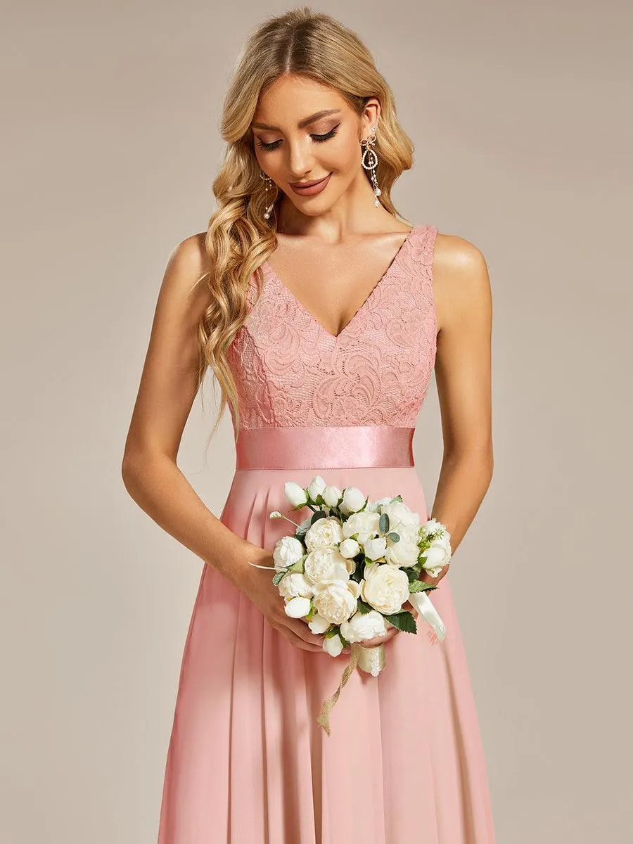 Robe demoiselle d'honneur irrégulière dentelle mousseline Col en V pour femme