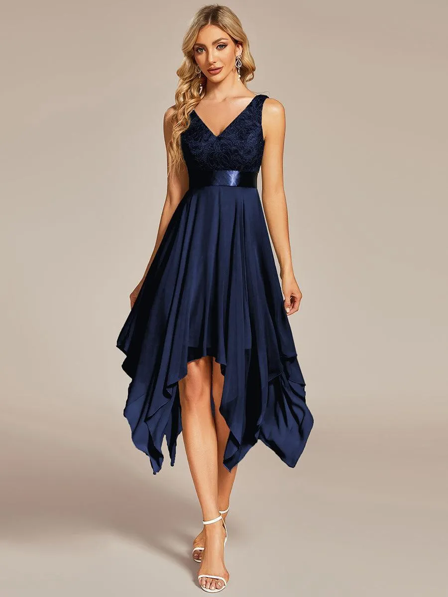 Robe demoiselle d'honneur irrégulière dentelle mousseline Col en V pour femme