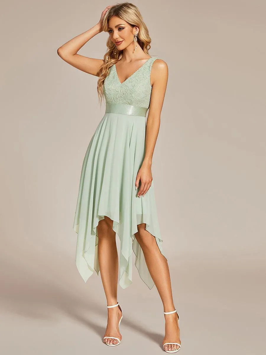 Robe demoiselle d'honneur irrégulière dentelle mousseline Col en V pour femme