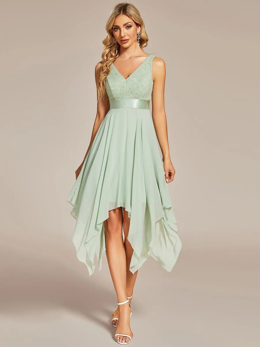 Robe demoiselle d'honneur irrégulière dentelle mousseline Col en V pour femme