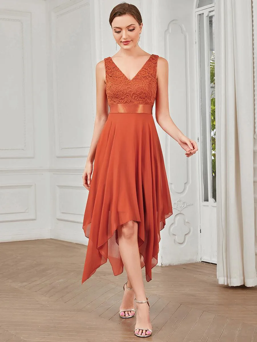 Robe demoiselle d'honneur irrégulière dentelle mousseline Col en V pour femme