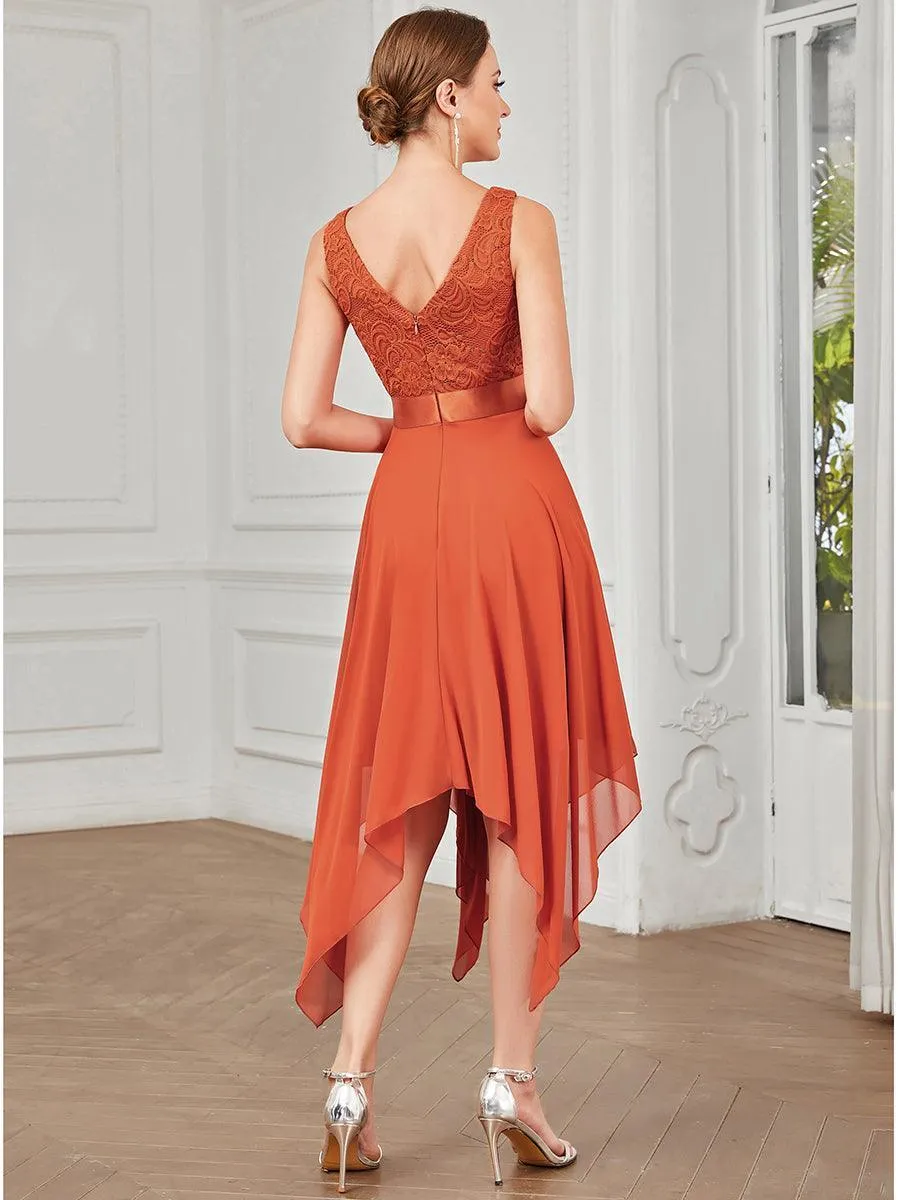 Robe demoiselle d'honneur irrégulière dentelle mousseline Col en V pour femme