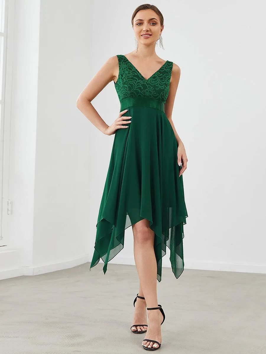 Robe demoiselle d'honneur irrégulière dentelle mousseline Col en V pour femme