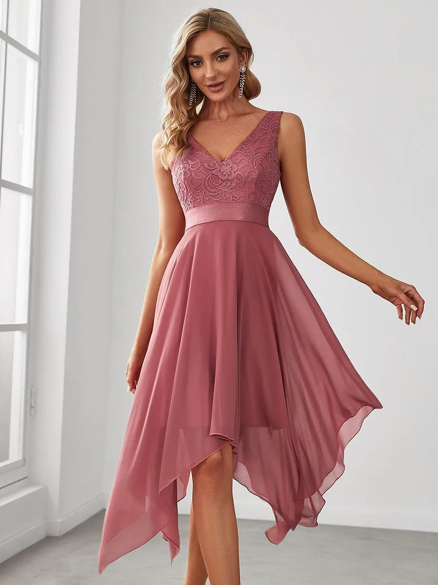 Robe demoiselle d'honneur irrégulière dentelle mousseline Col en V pour femme