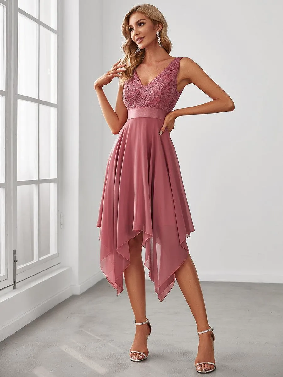 Robe demoiselle d'honneur irrégulière dentelle mousseline Col en V pour femme