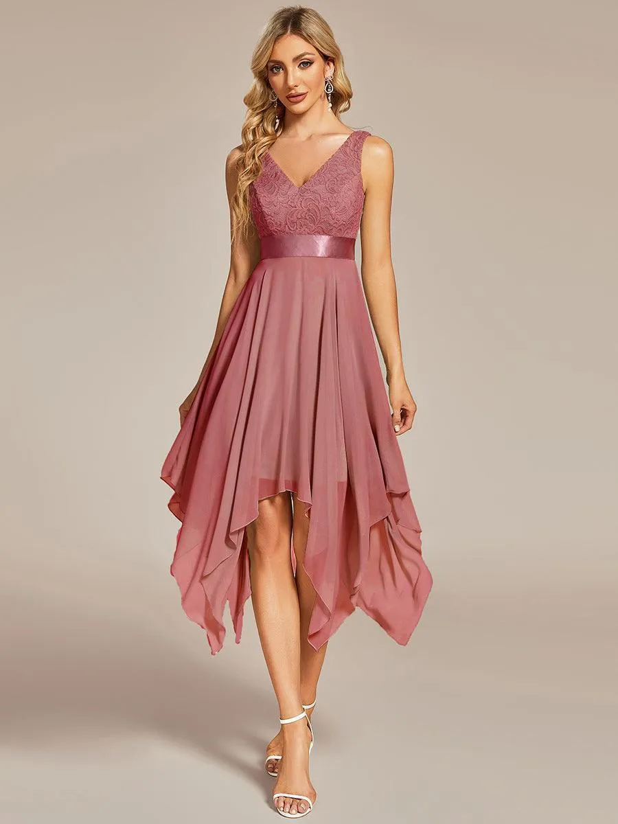 Robe demoiselle d'honneur irrégulière dentelle mousseline Col en V pour femme