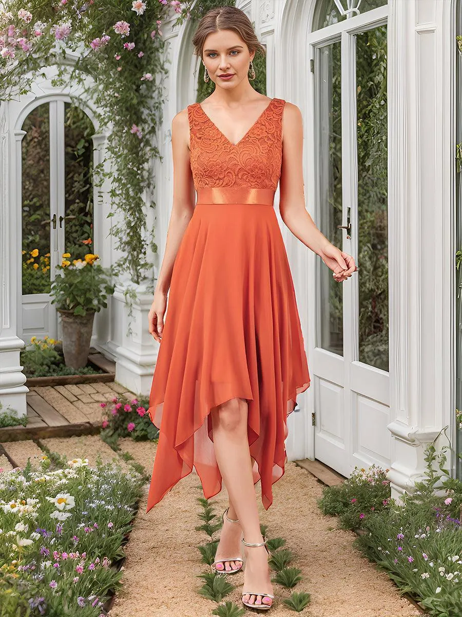 Robe demoiselle d'honneur irrégulière dentelle mousseline Col en V pour femme