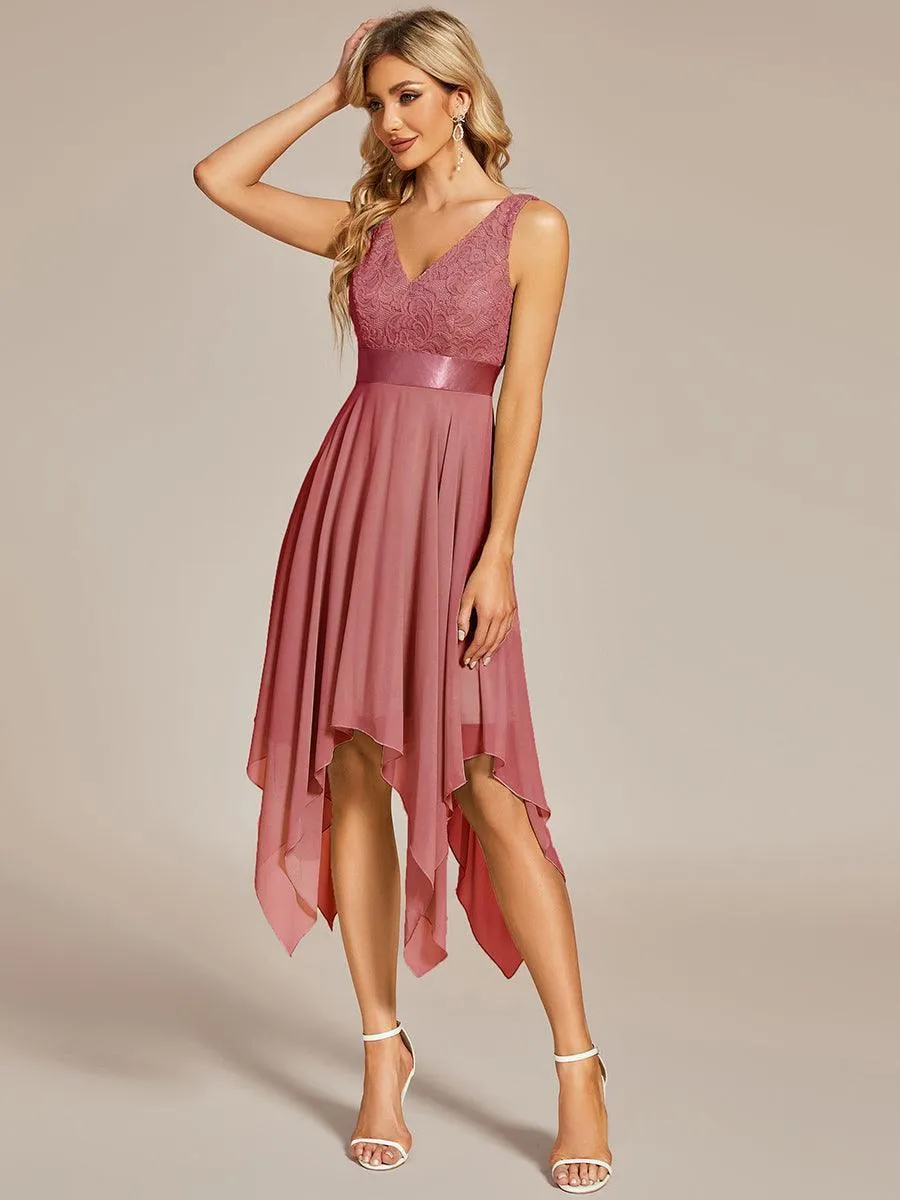 Robe demoiselle d'honneur irrégulière dentelle mousseline Col en V pour femme