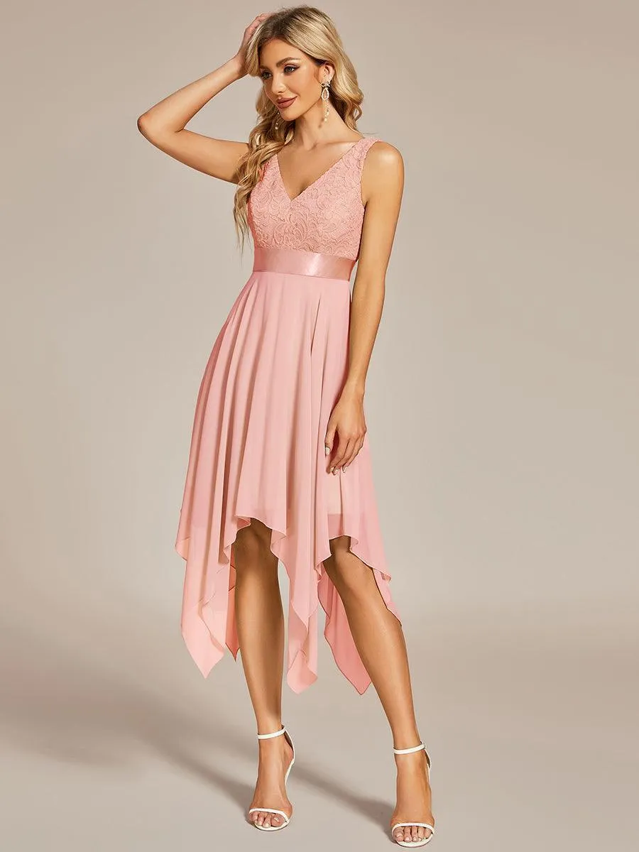 Robe demoiselle d'honneur irrégulière dentelle mousseline Col en V pour femme