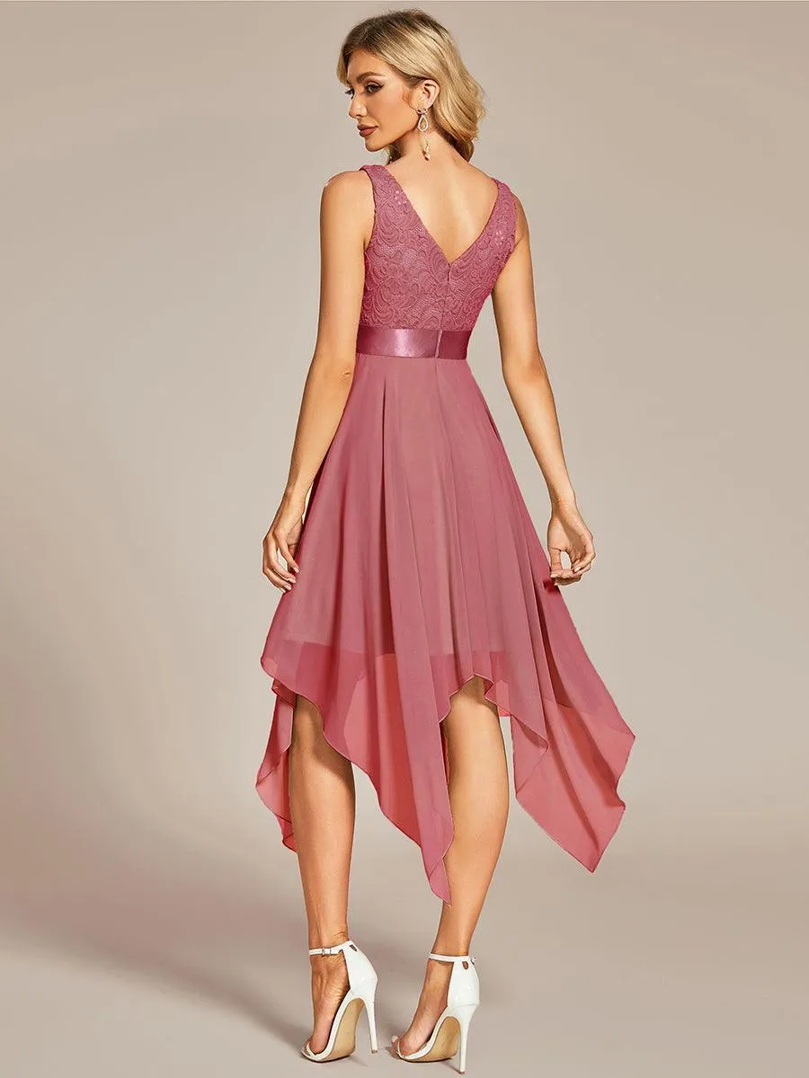 Robe demoiselle d'honneur irrégulière dentelle mousseline Col en V pour femme