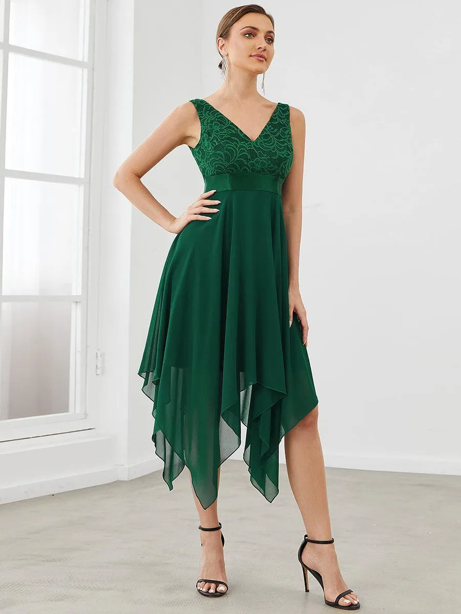 Robe demoiselle d'honneur irrégulière dentelle mousseline Col en V pour femme