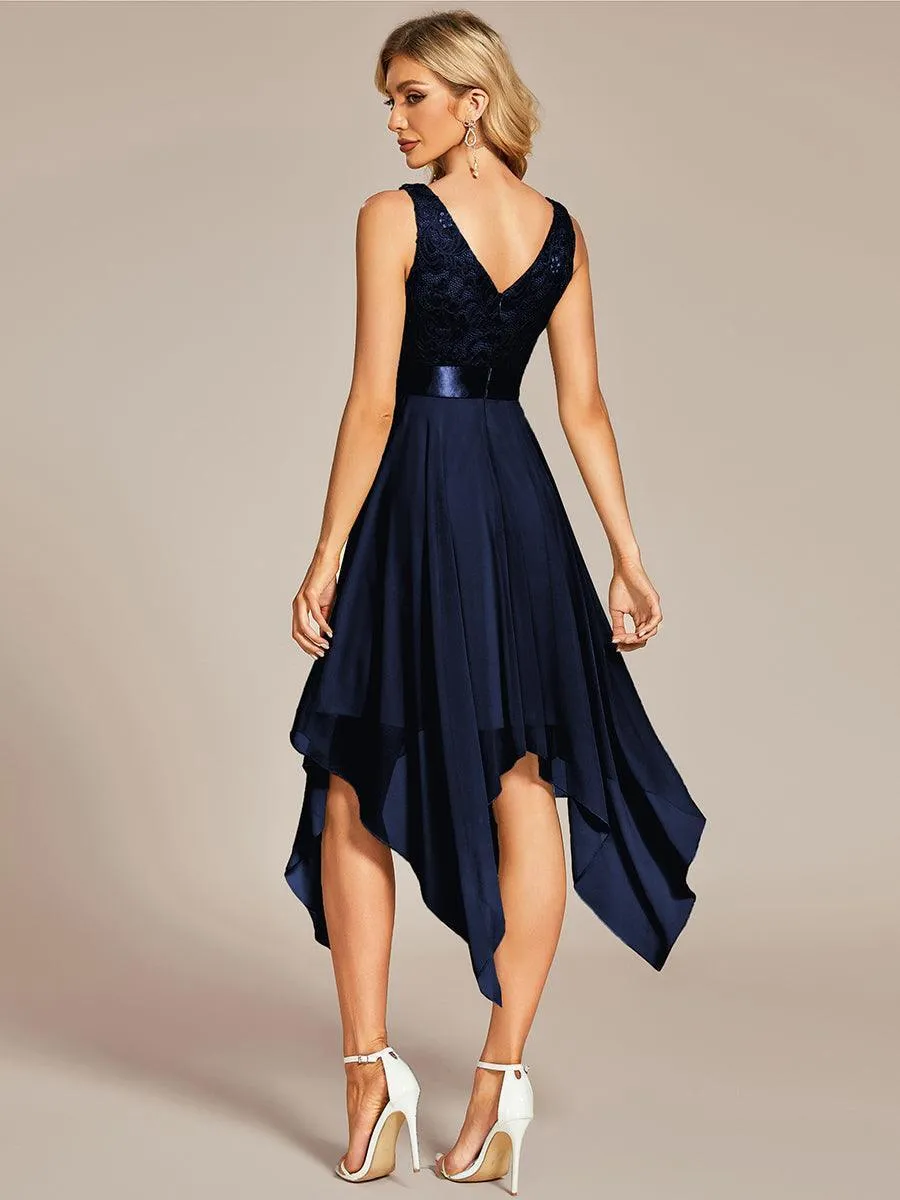 Robe demoiselle d'honneur irrégulière dentelle mousseline Col en V pour femme