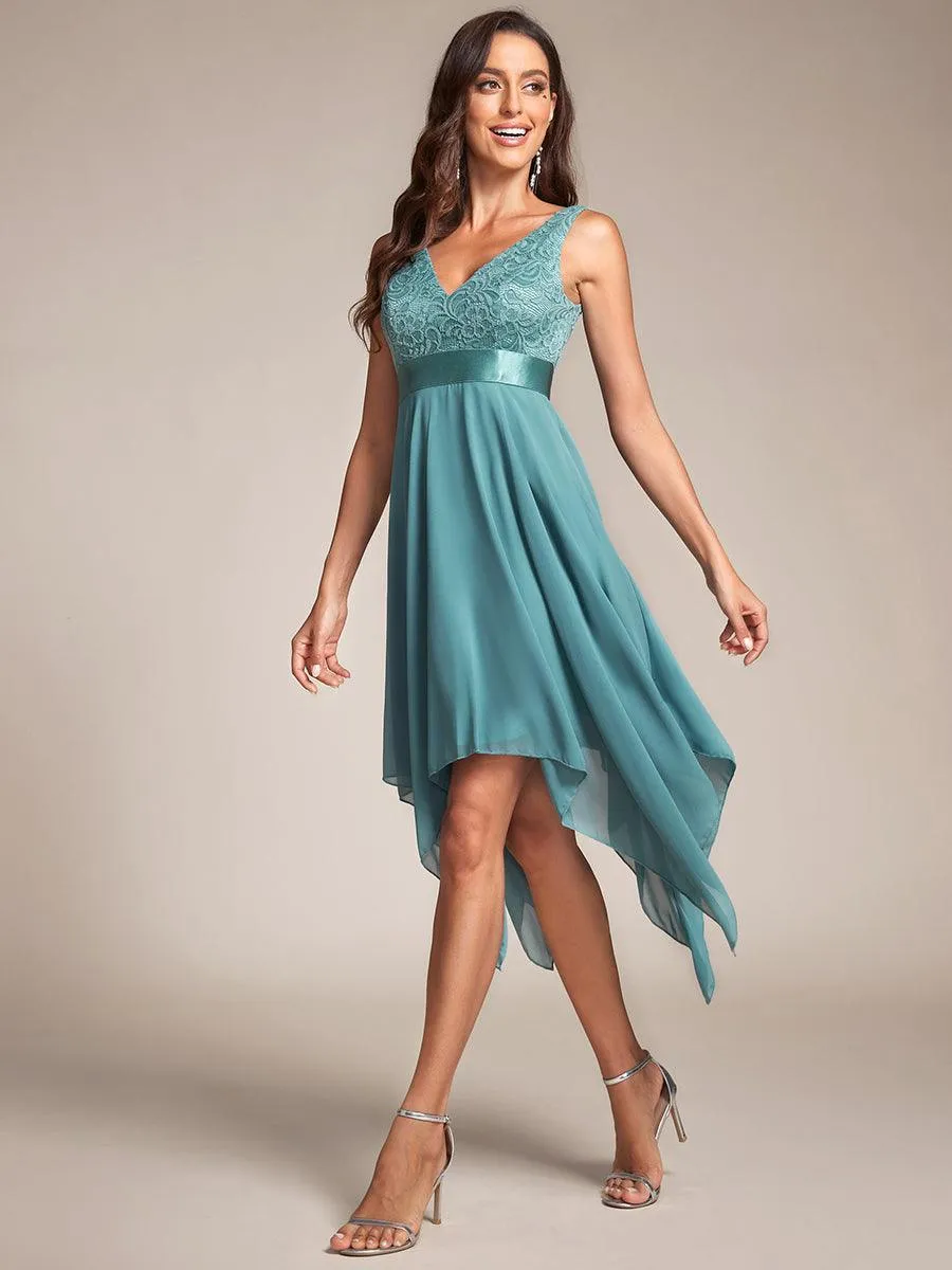 Robe demoiselle d'honneur irrégulière dentelle mousseline Col en V pour femme