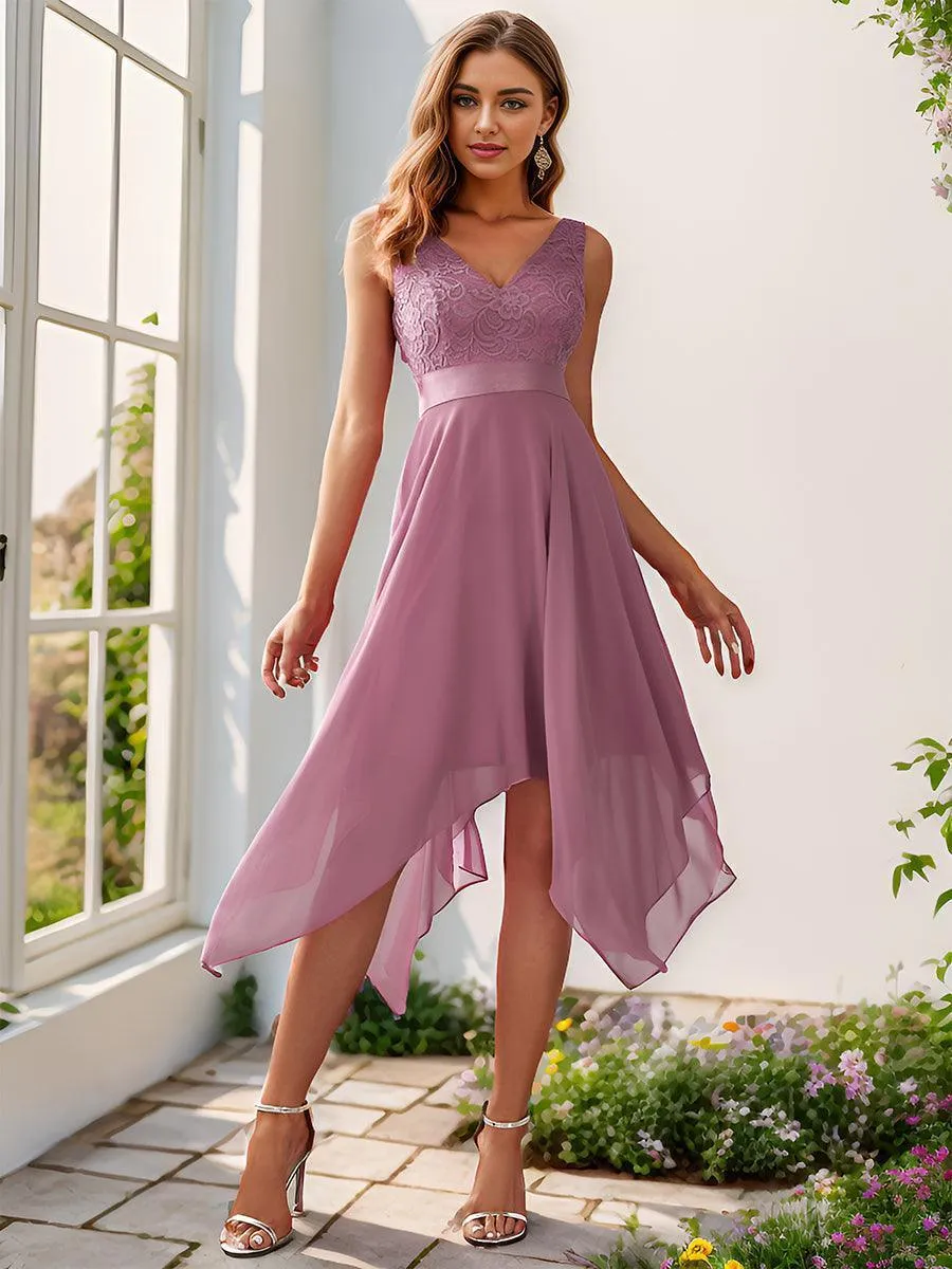 Robe demoiselle d'honneur irrégulière dentelle mousseline Col en V pour femme