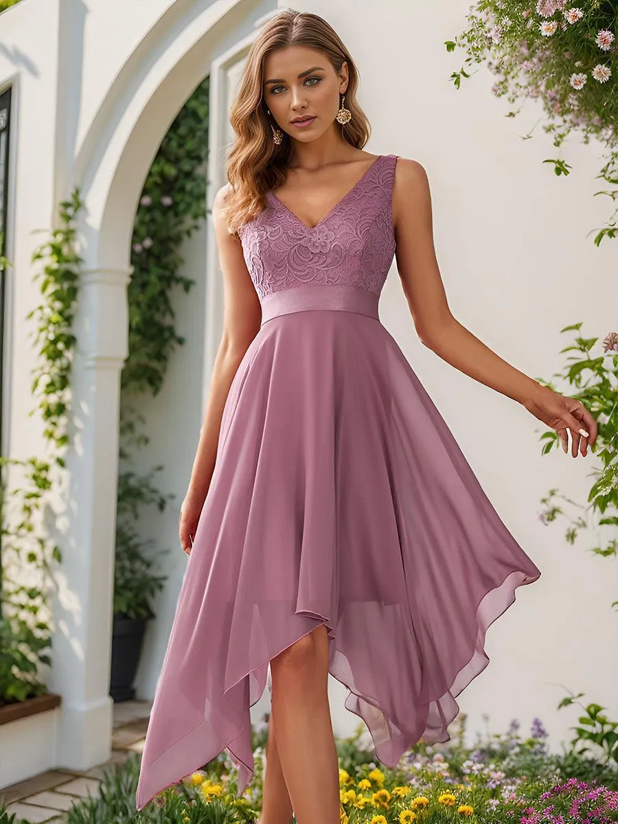 Robe demoiselle d'honneur irrégulière dentelle mousseline Col en V pour femme