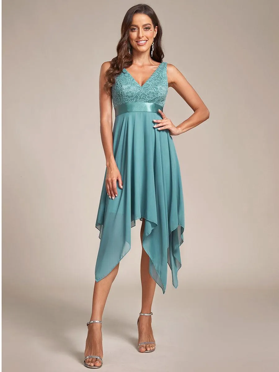 Robe demoiselle d'honneur irrégulière dentelle mousseline Col en V pour femme