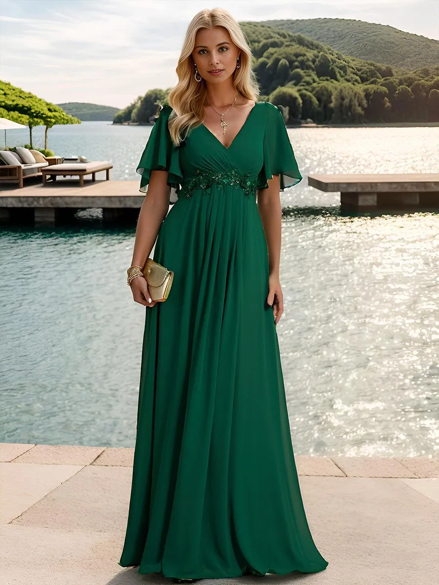 Robe longue élégante en mousseline de soie pour mère de la mariée avec manches fluides