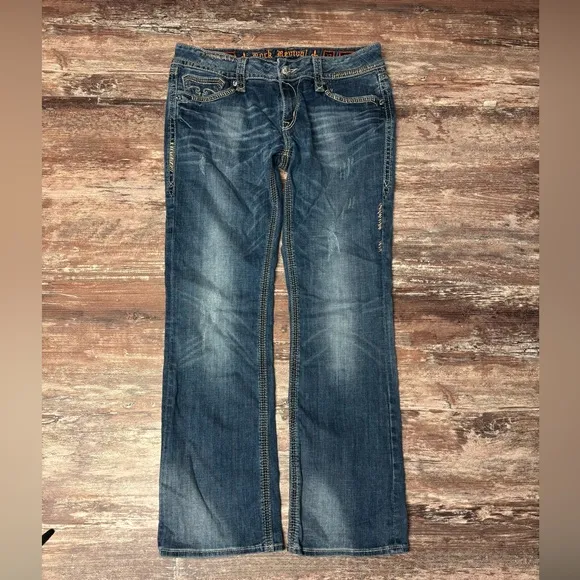 Rock Revival | VGUC Blake Easy Boot Distressed Embellished Jeans, Size 32