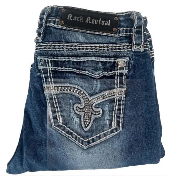 ROCK REVIVAL Vivian Easy Boot Distressed Rhinestone Embroidered Jeans Size 29