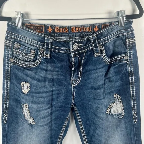 ROCK REVIVAL Vivian Easy Boot Distressed Rhinestone Embroidered Jeans Size 29