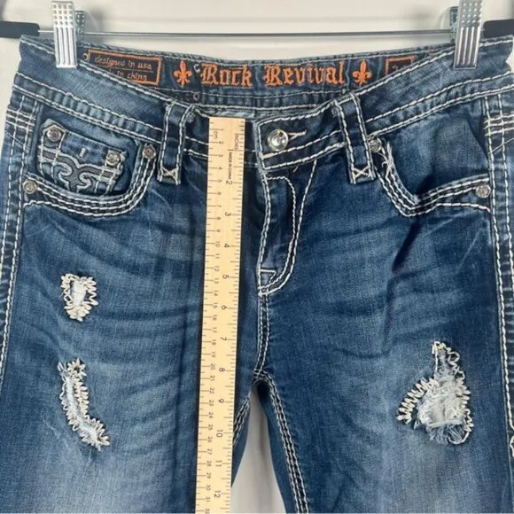 ROCK REVIVAL Vivian Easy Boot Distressed Rhinestone Embroidered Jeans Size 29