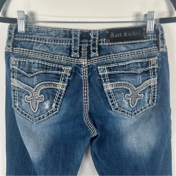 ROCK REVIVAL Vivian Easy Boot Distressed Rhinestone Embroidered Jeans Size 29