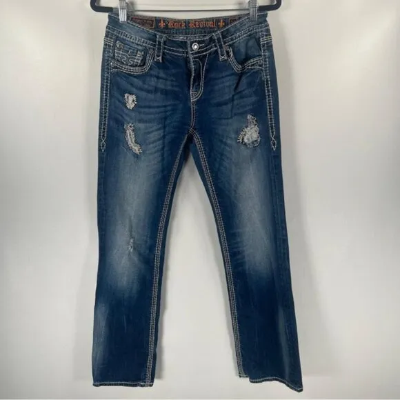 ROCK REVIVAL Vivian Easy Boot Distressed Rhinestone Embroidered Jeans Size 29