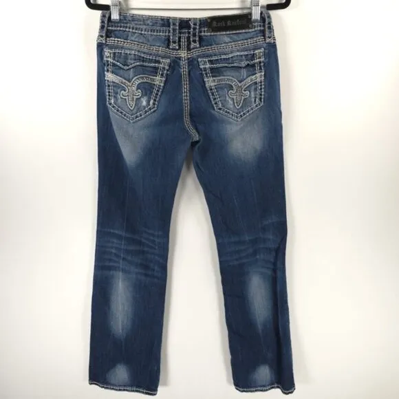ROCK REVIVAL Vivian Easy Boot Distressed Rhinestone Embroidered Jeans Size 29